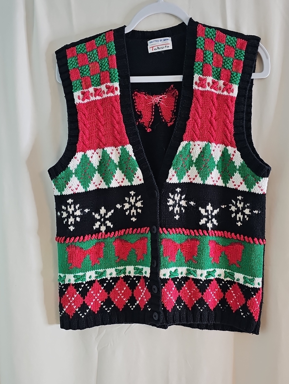 Vintage Talbots Red, Green & Black Knit Holiday Cardigan Vest